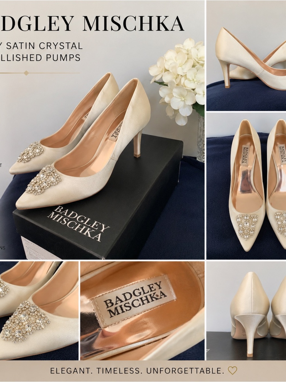Badgley Mischka Champagne Satin Pointed Toe Crystal Pumps